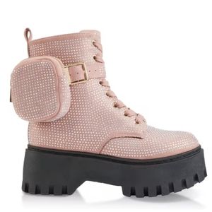 NWT Rhinestone Platform Combat Boots with Side Pouch